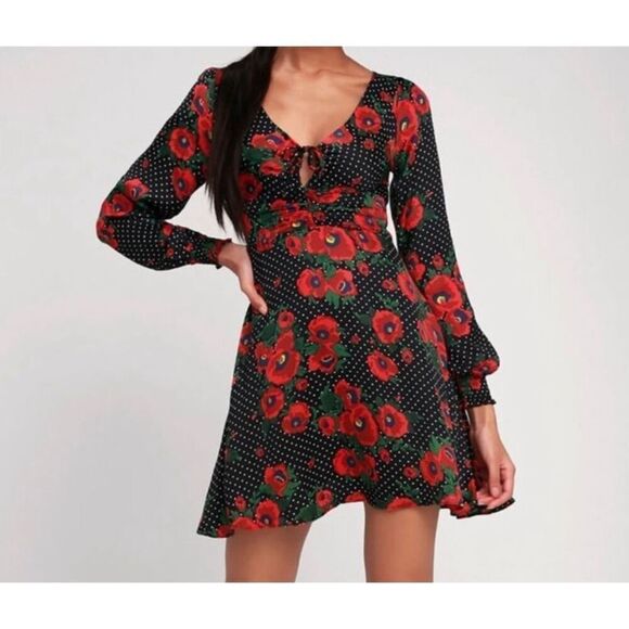 Free people women’s morning light printed black floral mini dress size 5/6 - Picture 1 of 6